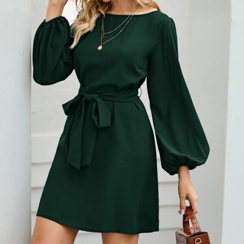 Boho lantern sleeve belted mini dress green